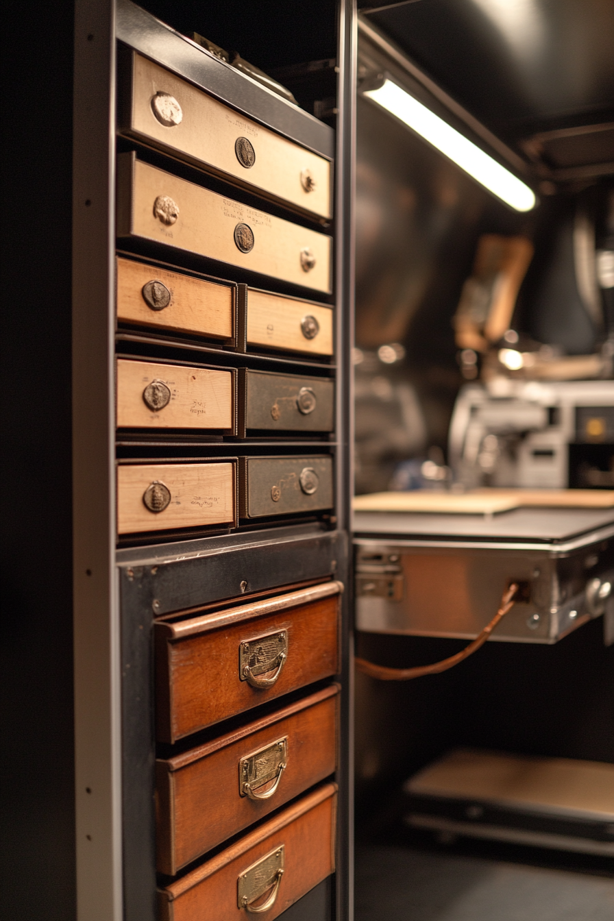 Research Mobile Space. Metal cabinet with layered artifact drawers nestled beside portable lab equipment.