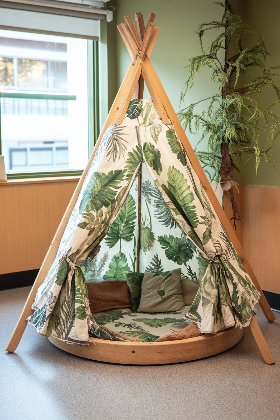 Community learning space. Circular wooden story corner tepee draped in plant-print fabrics.