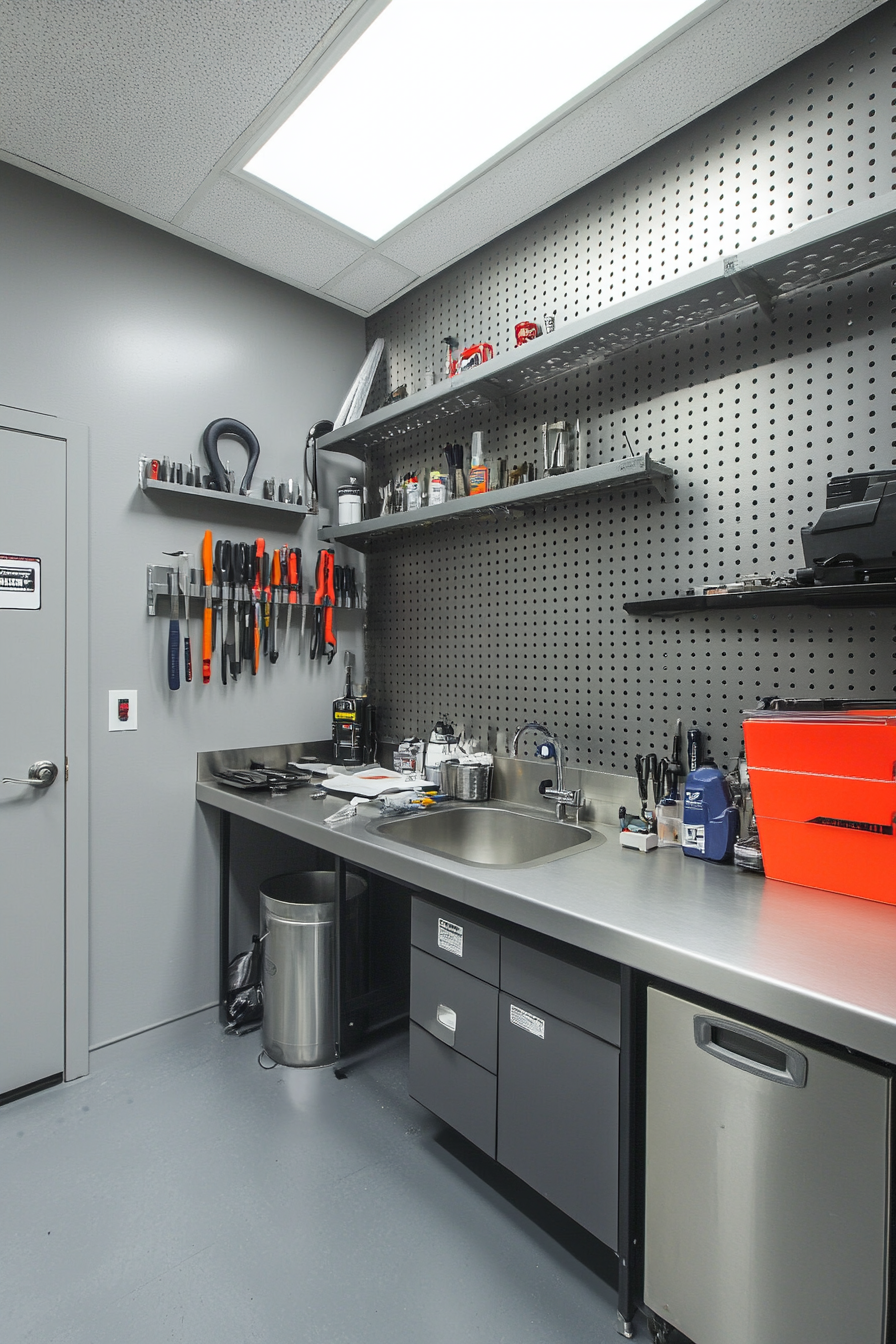 Technical support space. Graphite-colored tool wall, stainless steel wash station, organized parts inventory.