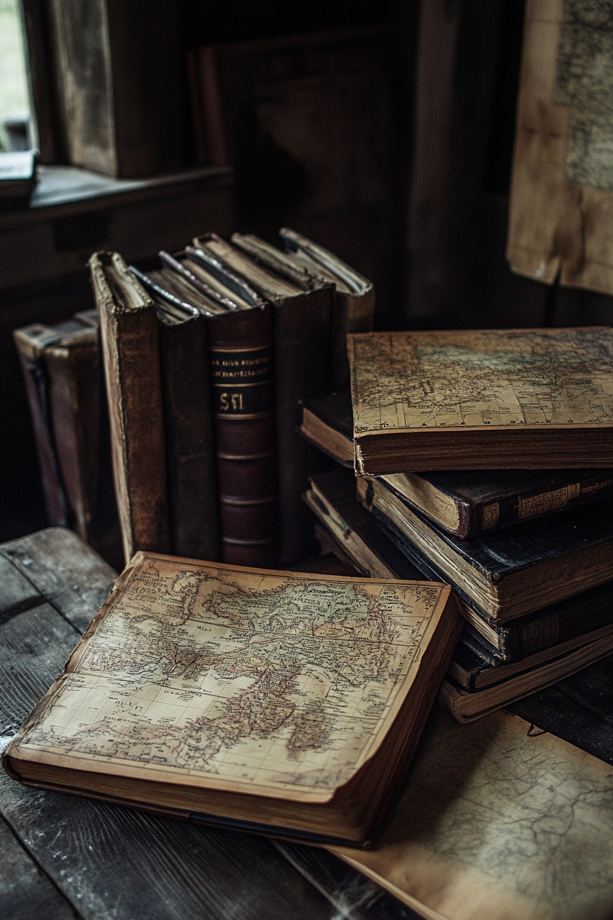 Mountain Community Space. Detailed map room with worn, leather-bound books.