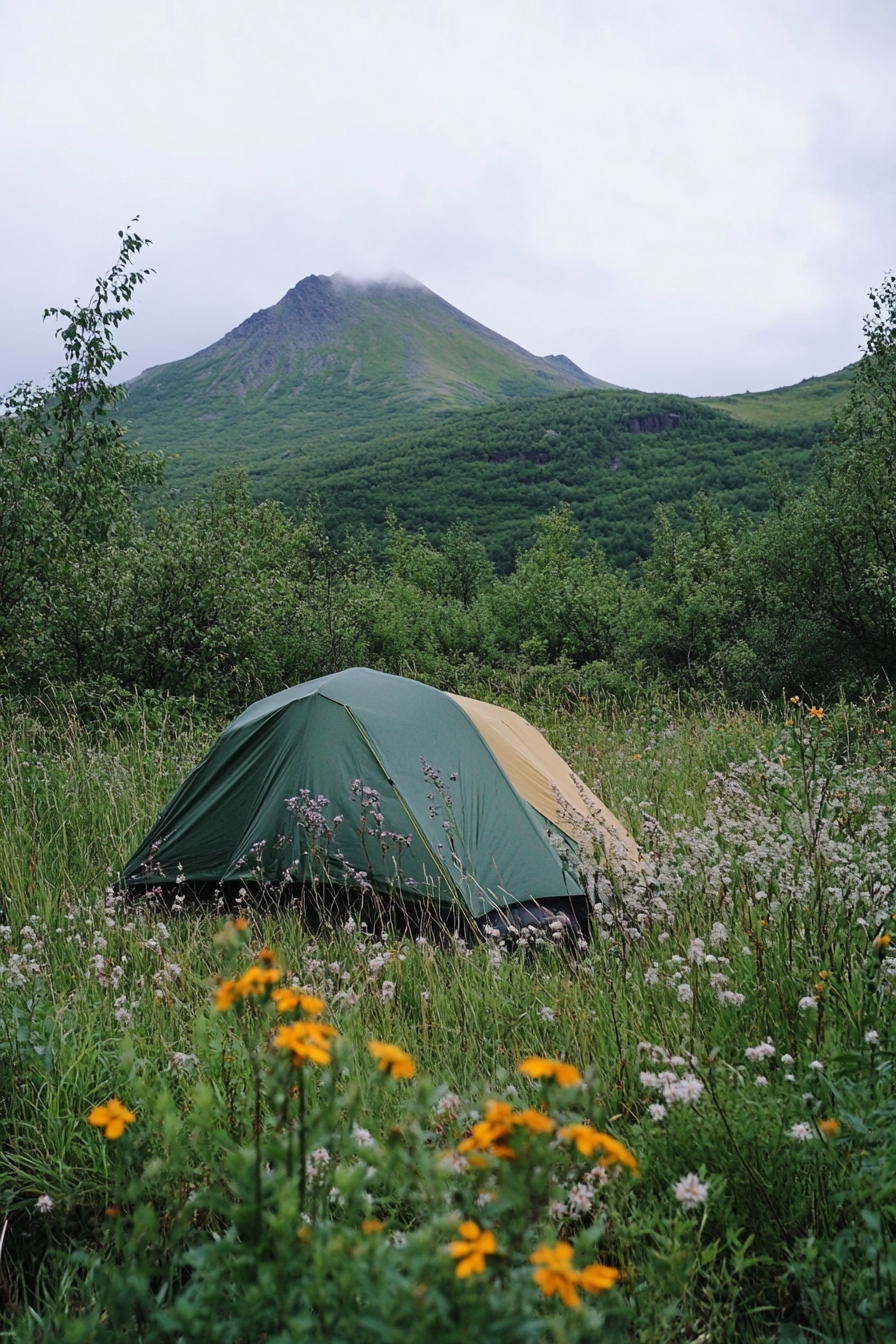 Highland site. Wildflowers, reed-enclosed tent pad, undulating terrain, clear view to nearest peak.