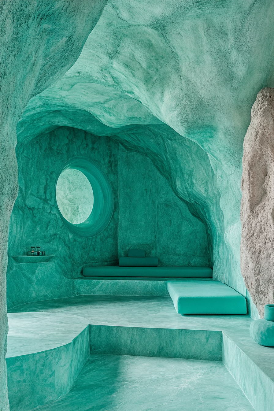 Wellness space. Meditation cave designed with turquoise-toned amenities