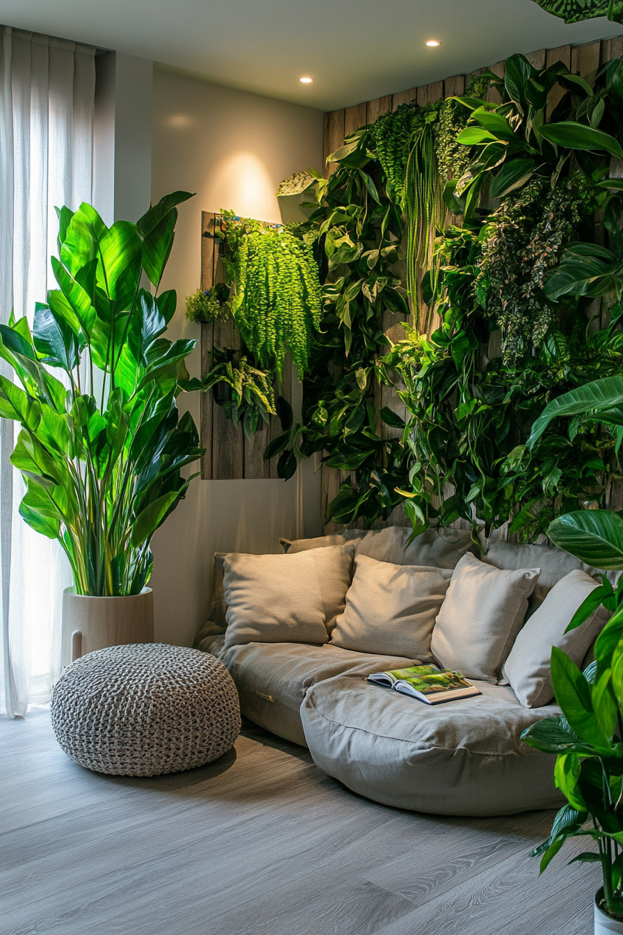 Wellness Escape Space. Reading corner with lush potted plants for nature connection.