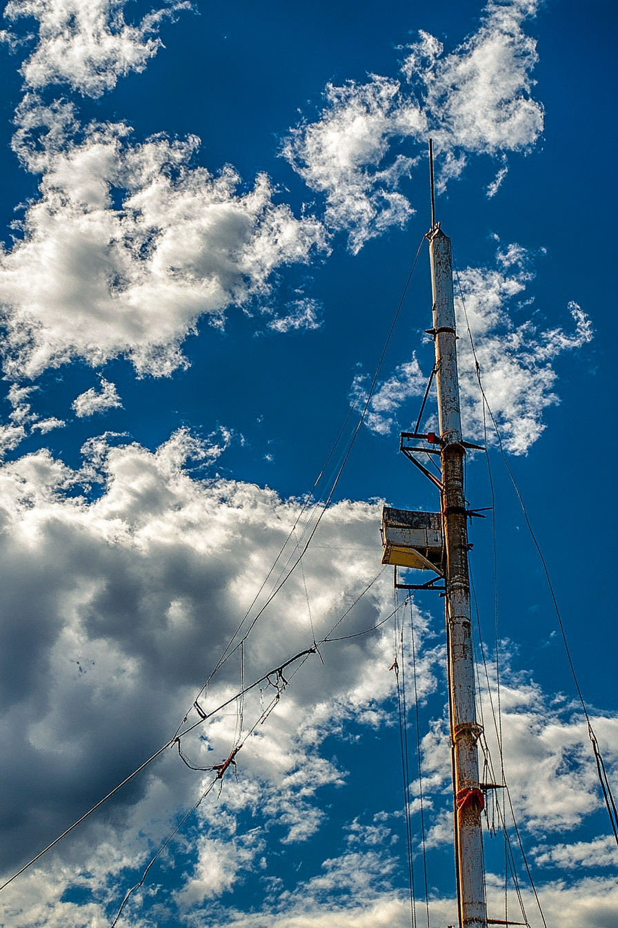 Adventure launch space. Blue kite repair station under a partly cloudy sky.