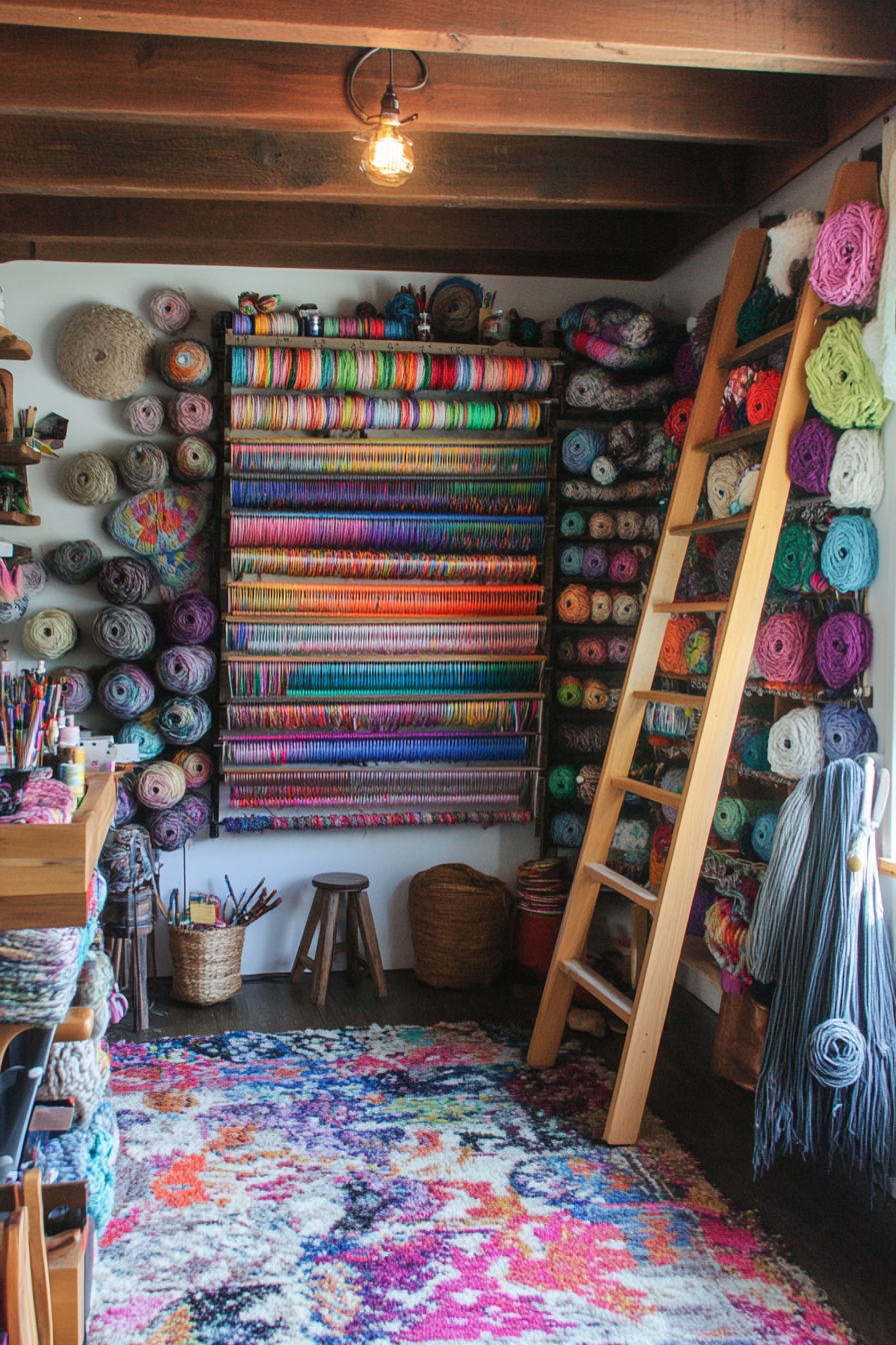 Creative craft space. Loom storage with multicolor yarn wall and rolling ladder.