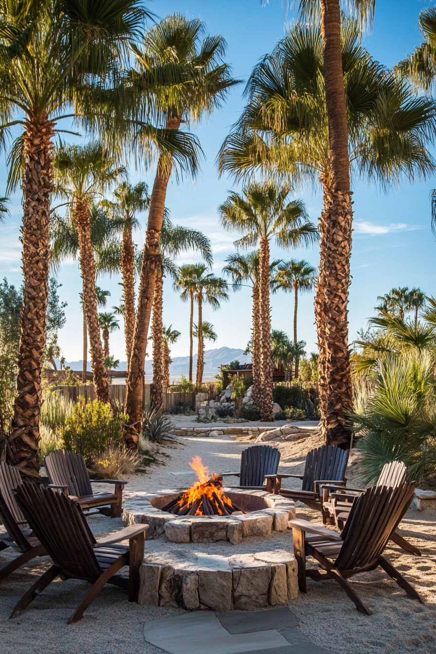 Palm grove space. Traditional fire pit, tall palm trees, sand dunes vista with adjacent desert spring.