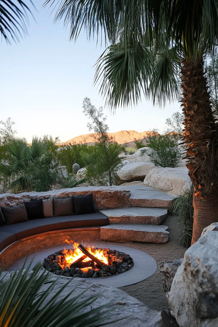 Palm Grove space. Traditional fire pit, adjacent to desert spring, overlooking dunes.