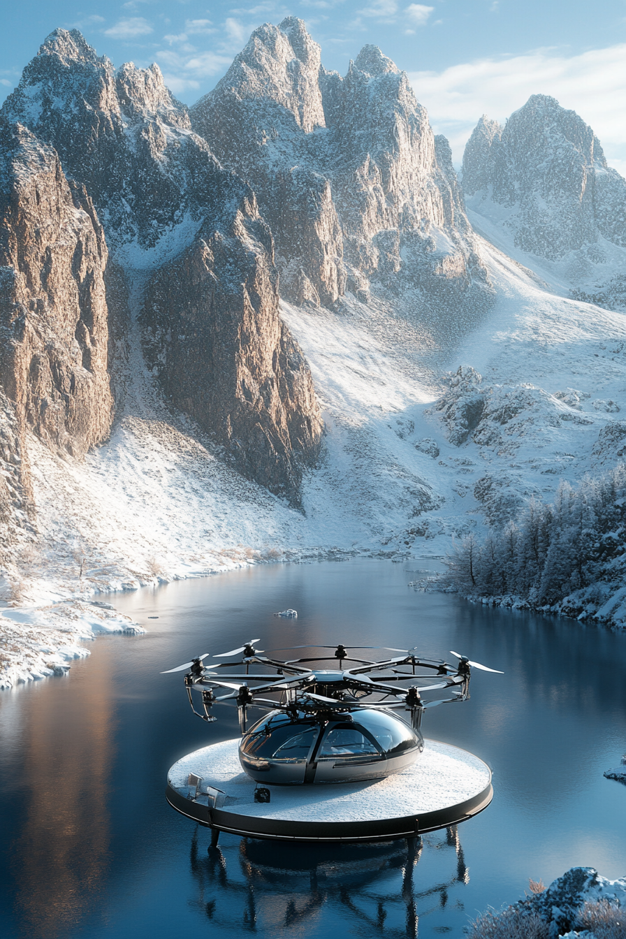 Alpine mobile space. Photorealistic drone dock against snowy mountain backdrop.