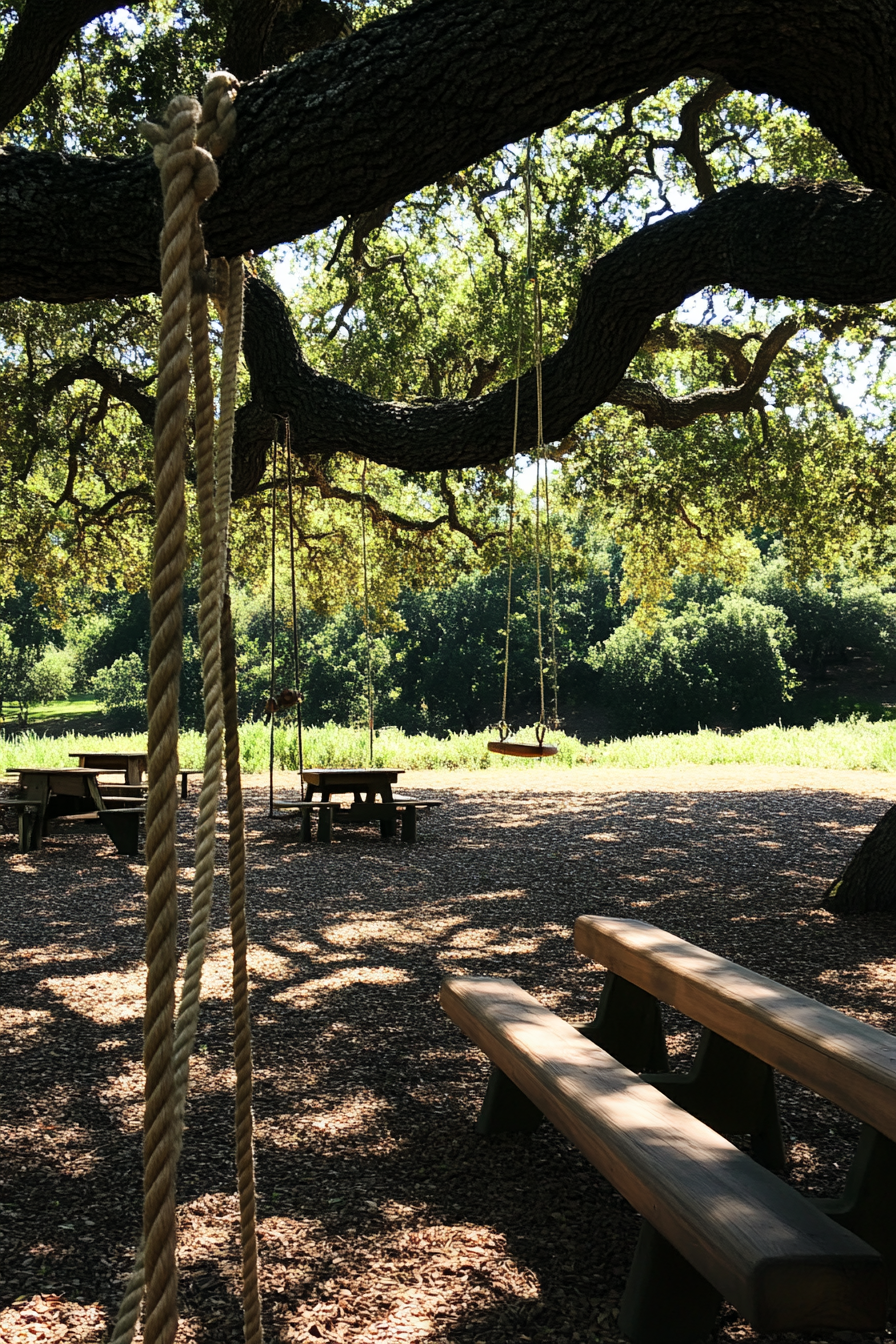 Outdoor education space. Rope and knot tying station under oak tree canopy.