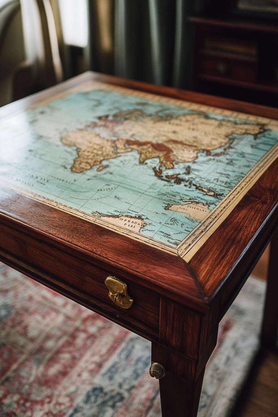 Mountain community space. Vintage mahogany map table with brass detailing.