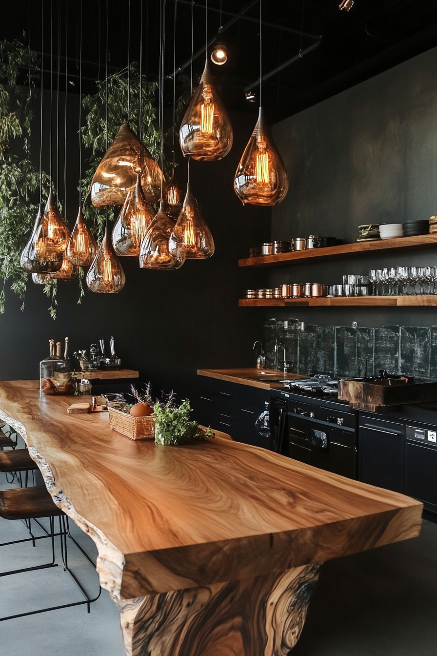 Social cooking space. Wooden communal table set under warm, hanging pendant lights.