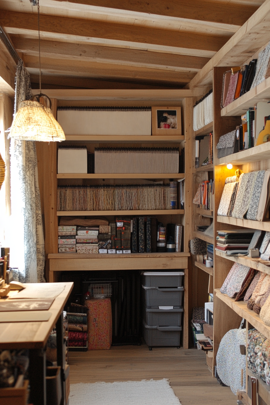 Creative craft space. Oak loom storage, zipper pattern material library, saw-mounted workshop area.