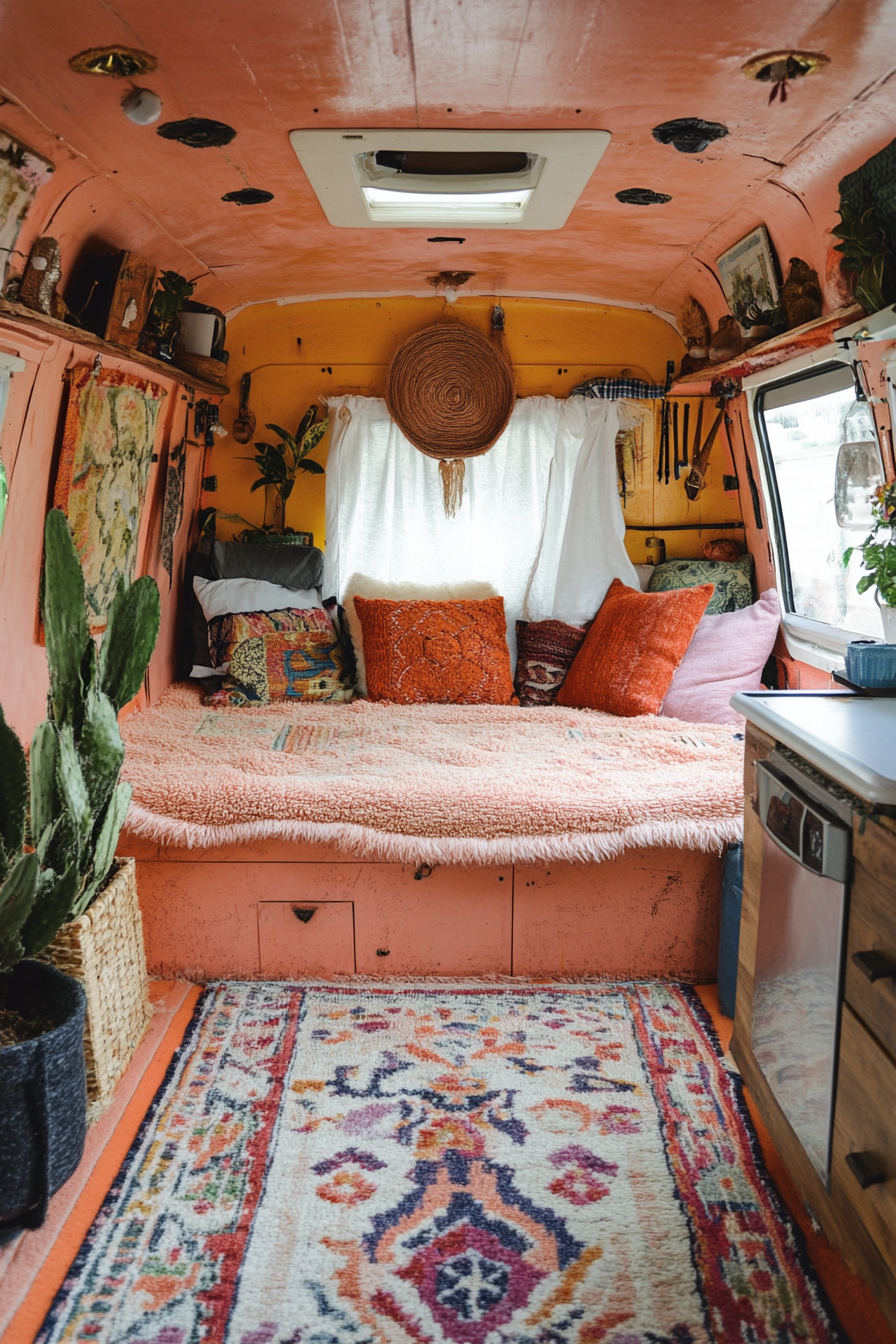 Therapy van space. Berber rug, sound-insulating panels, peach paint.