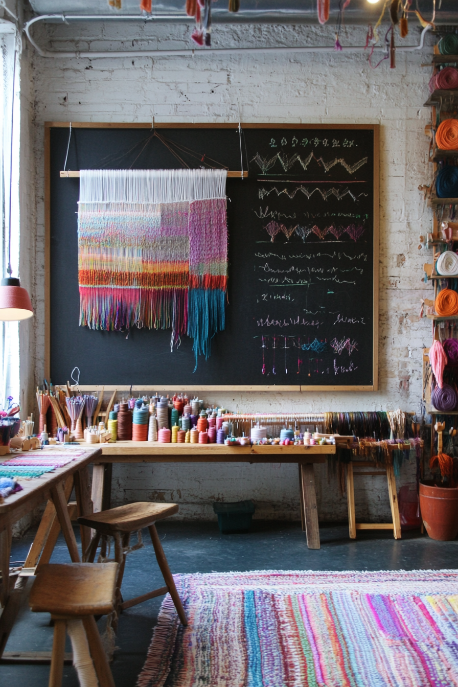 Craft space. Hanging wall loom, endless thread colors, chalkboard workshop schedule.