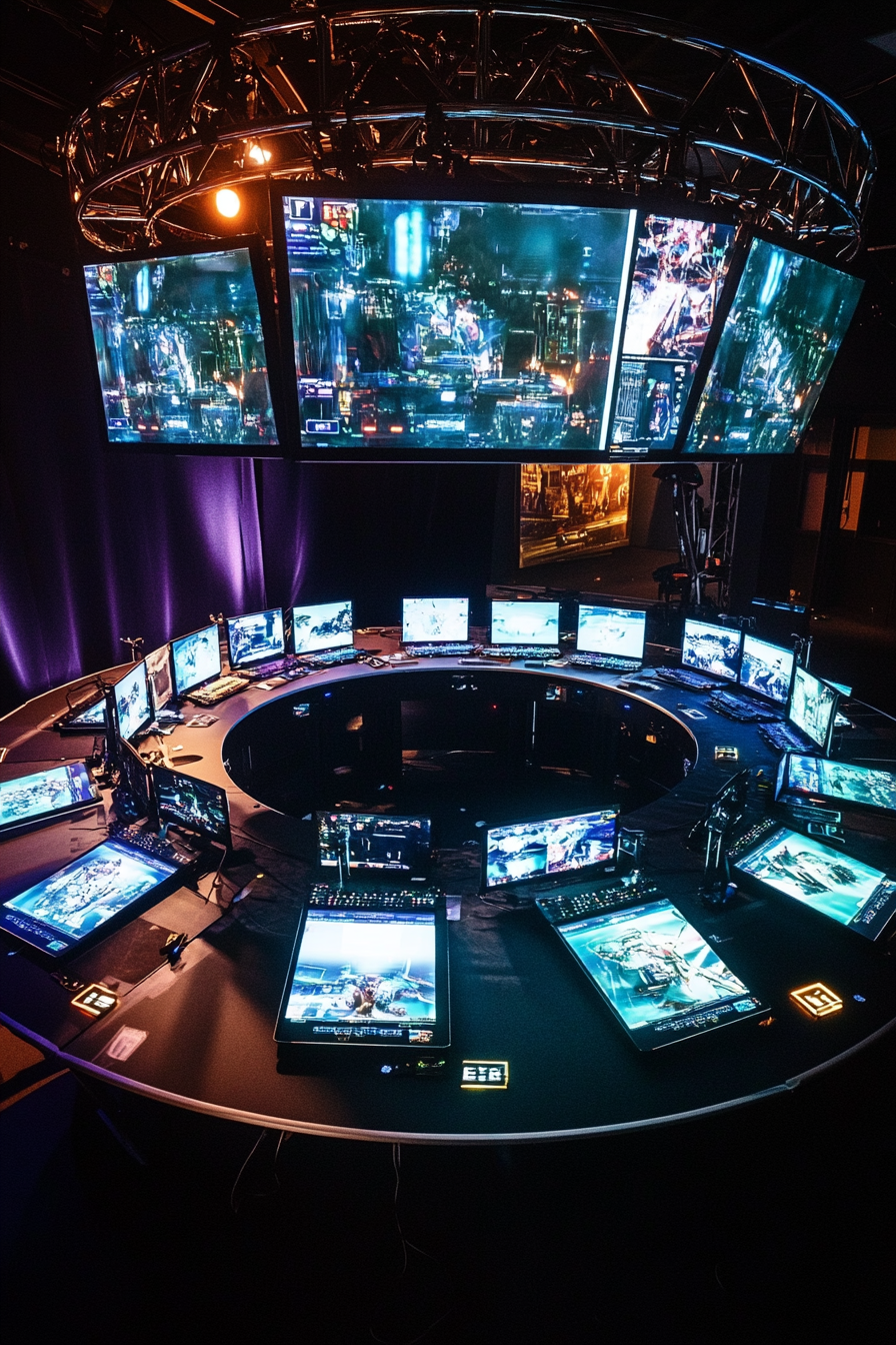 Social gaming space. Circular arrangement of multiple screens for tournament setup.