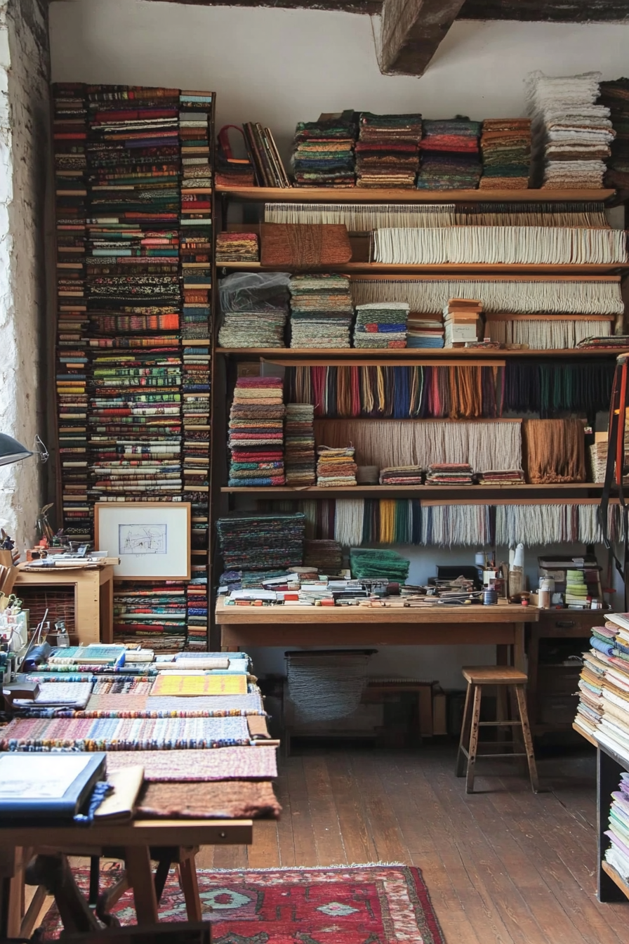 Craft space. Wall-mounted loom storage, material library with categorized shelves, small wooden workshop table.