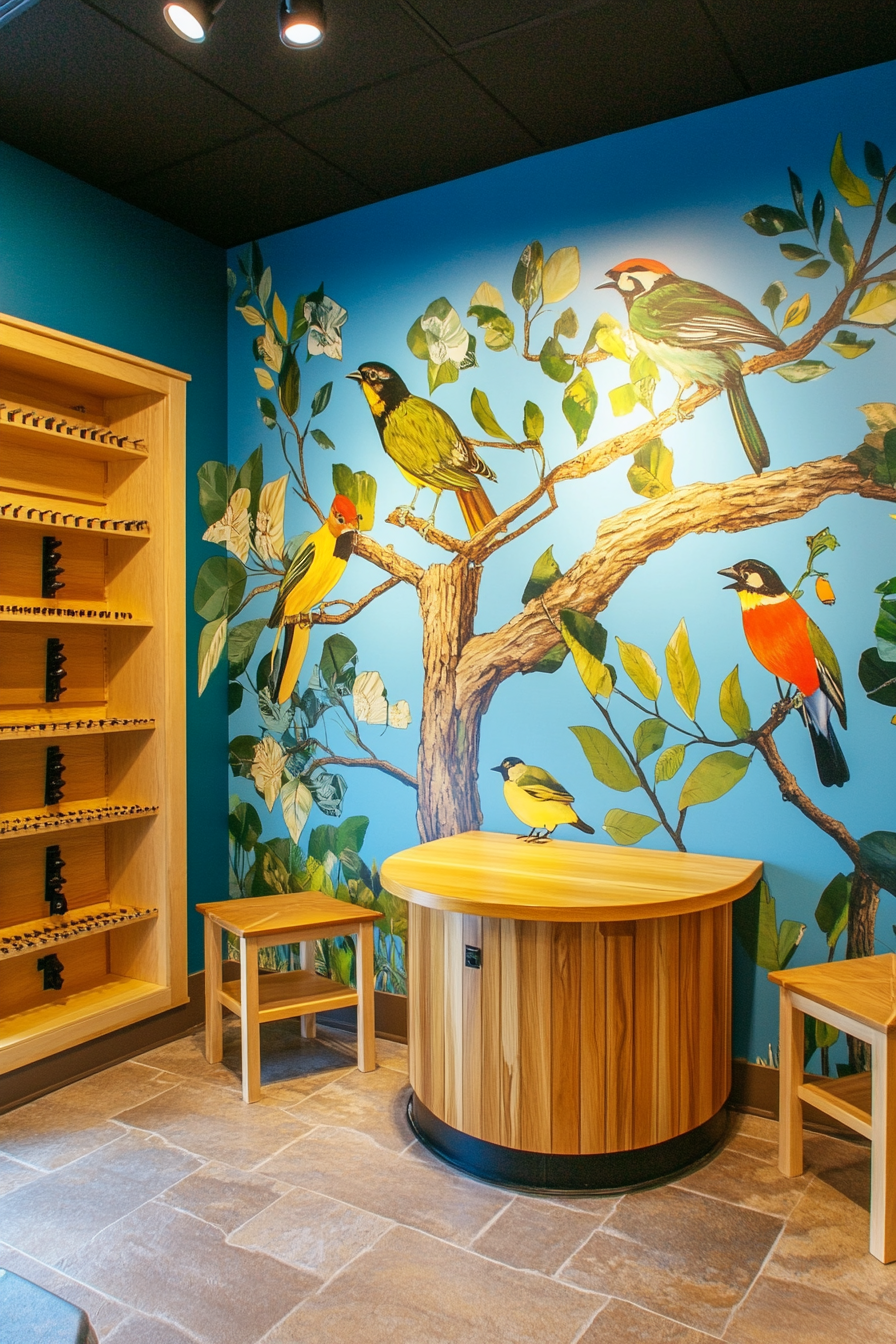 Nature Observation Space. Bird-themed wall murals, fixed camera mounts, wooden structure blind setup.