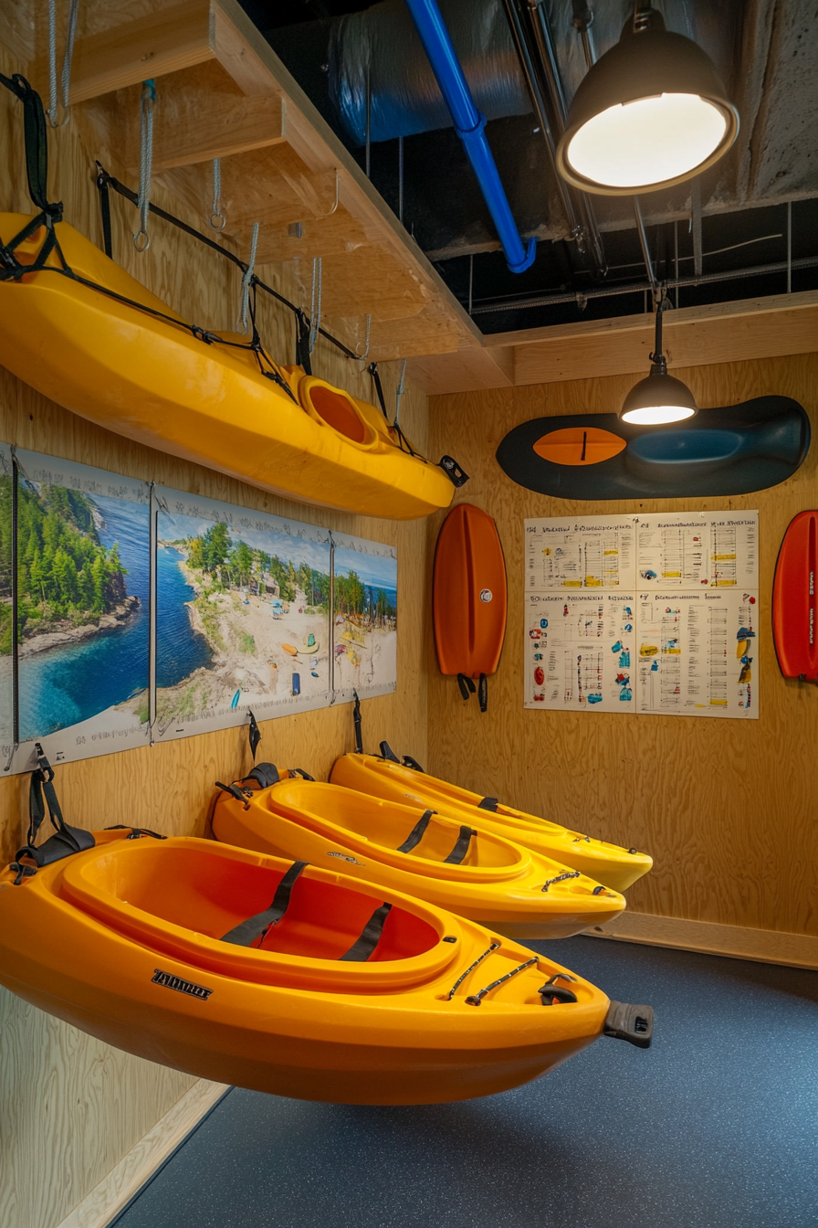 Water adventure space. Suspended kayaks, drying wetsuit area, nautical-themed corkboard with route plans.