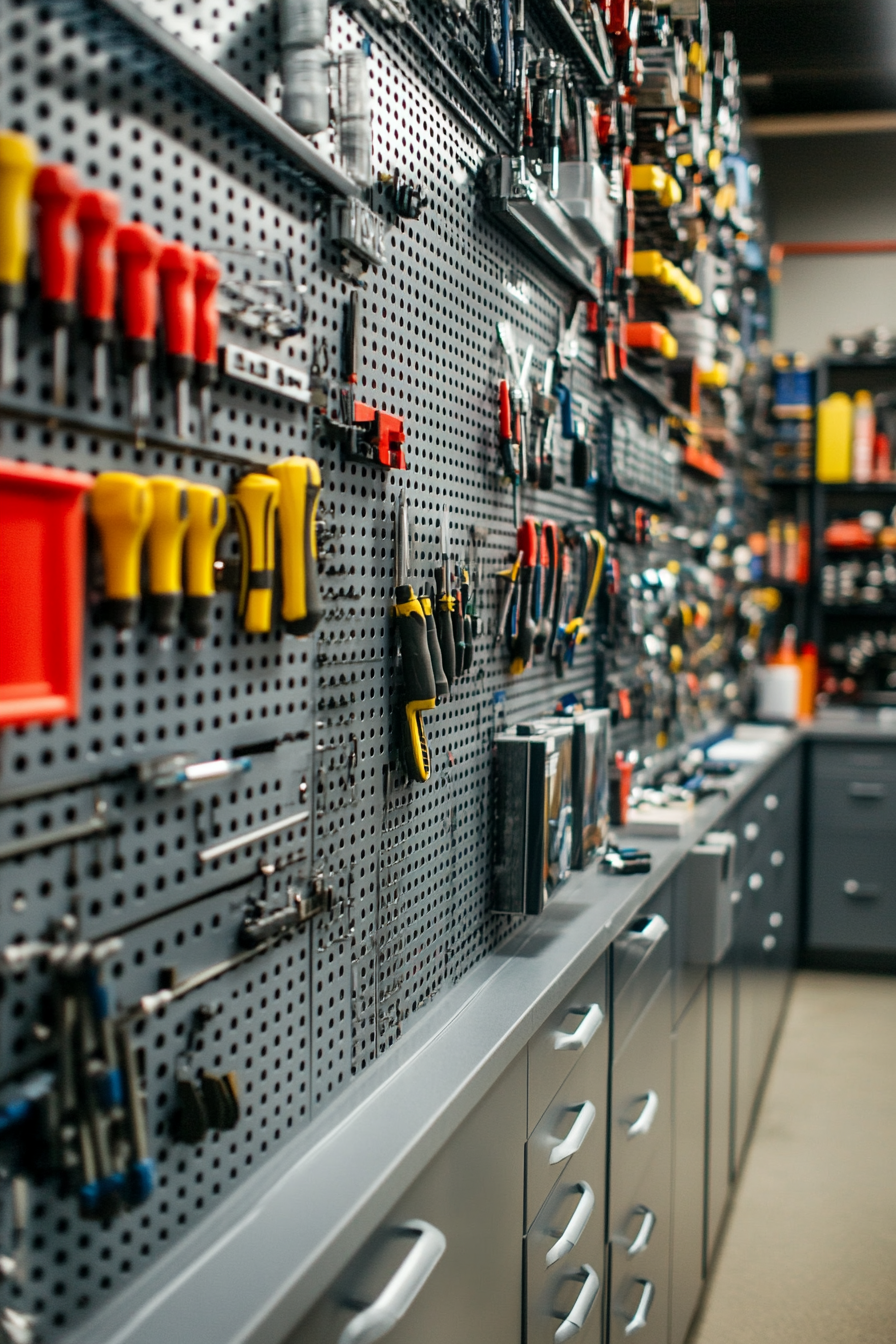 Technical Support Space. Wall of organized toolkits, industrial grey wash station, coded parts inventory.