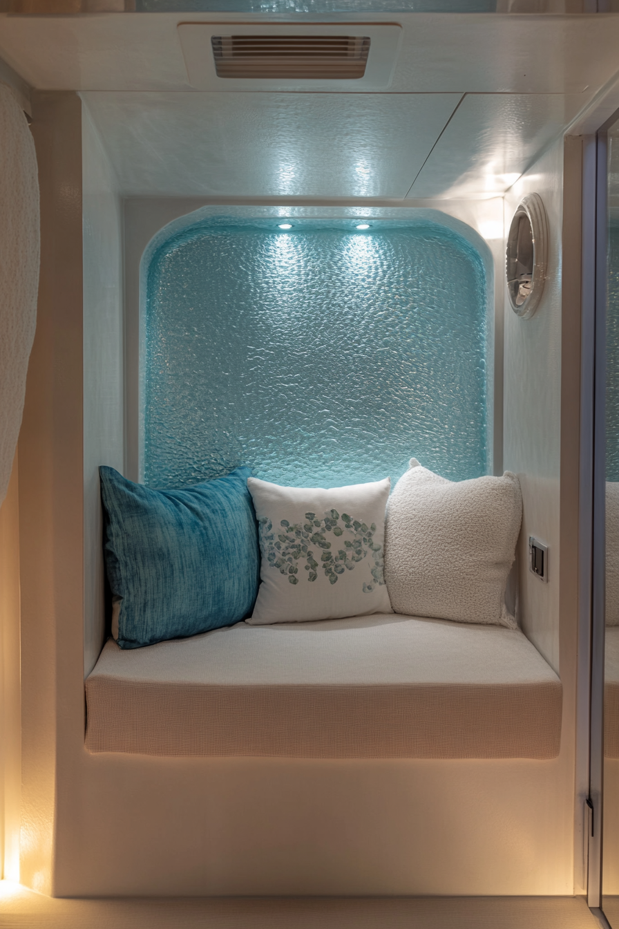 Therapy van space. Soft lit private consultation cubicle and aqua-touch décor.