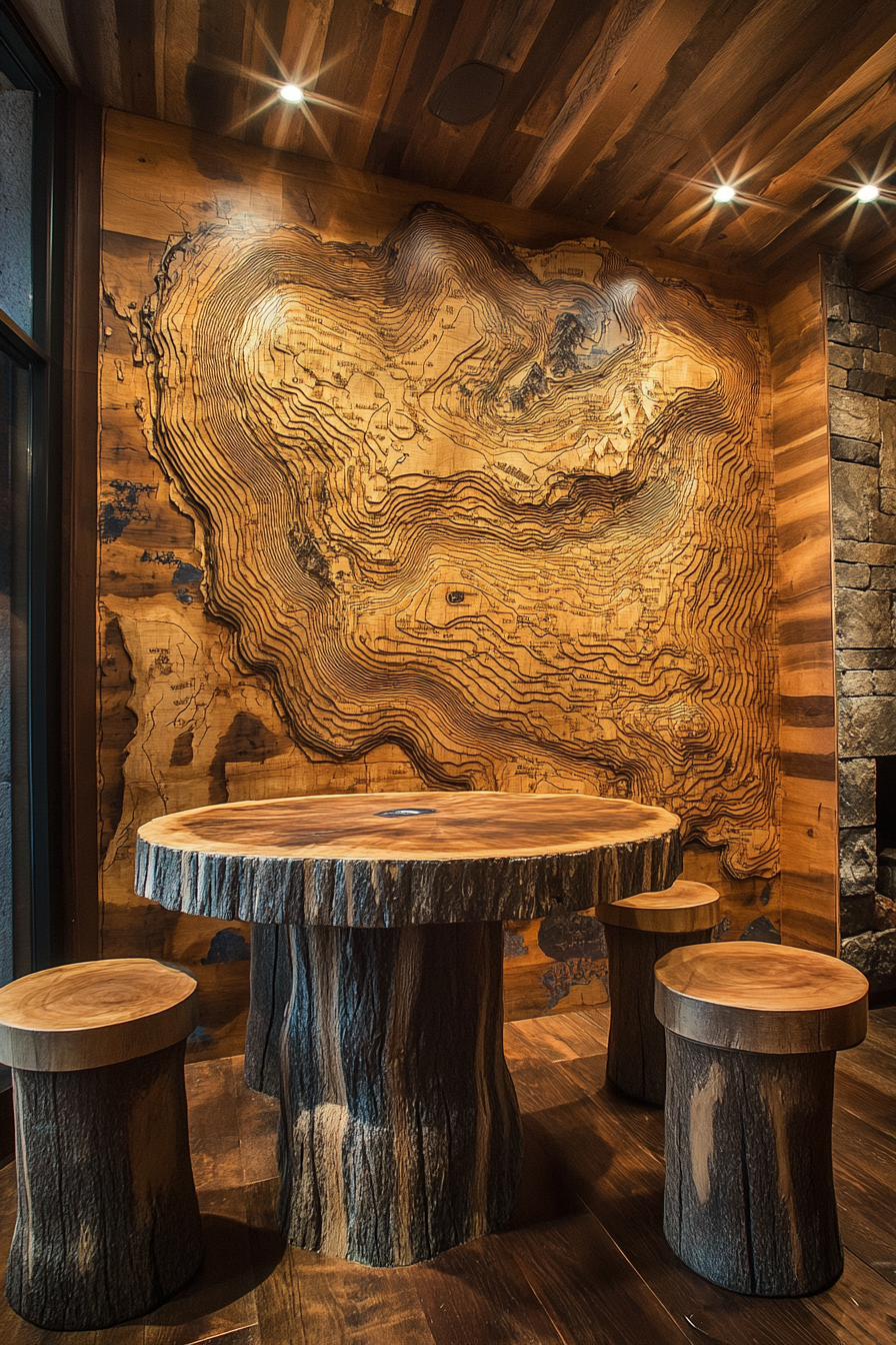 Mountain community space. Detailed topographical map wall, rustic wood gear racks, round table briefing zone.