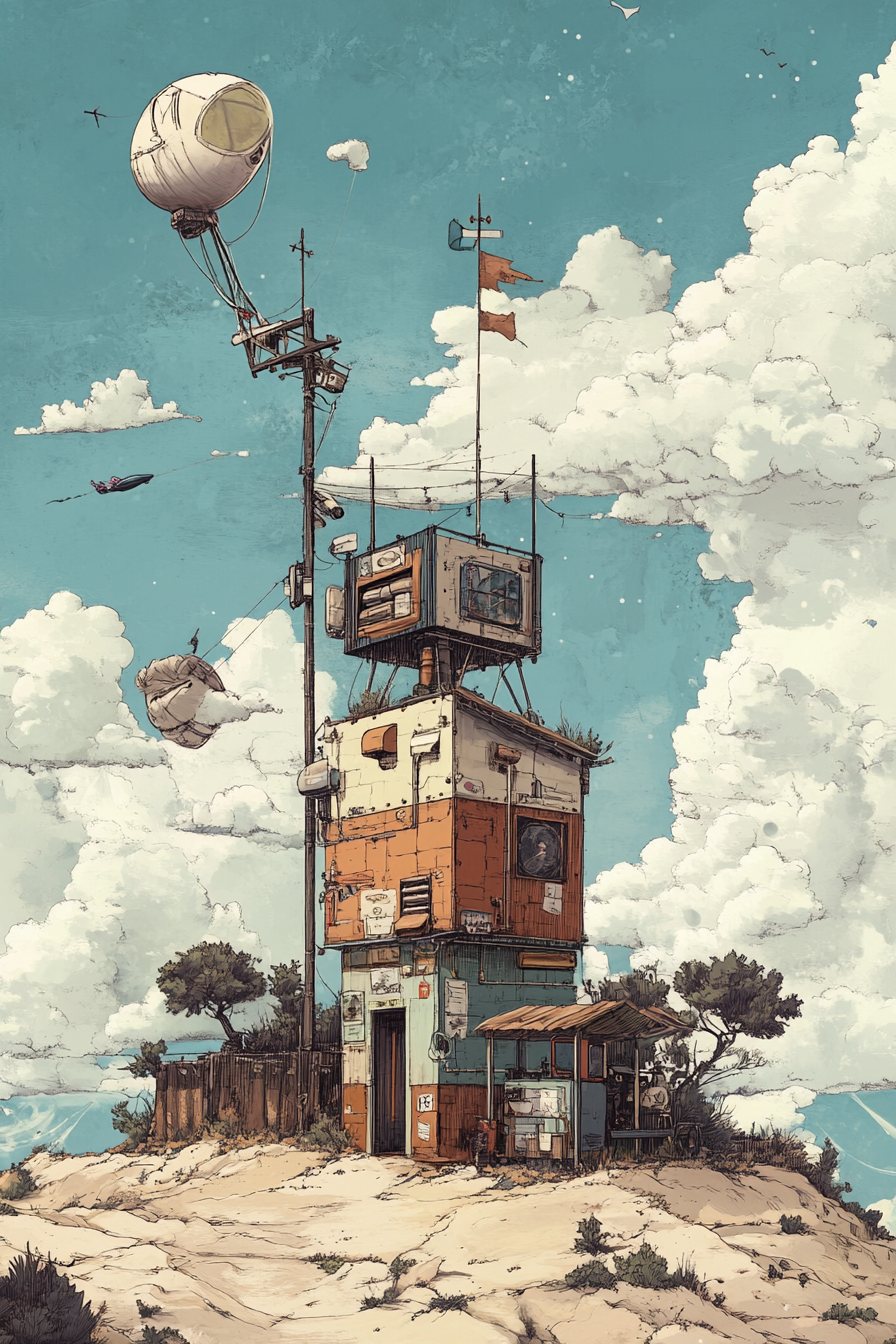 Adventure Launch Space. Weather station with attached kite repair shop.