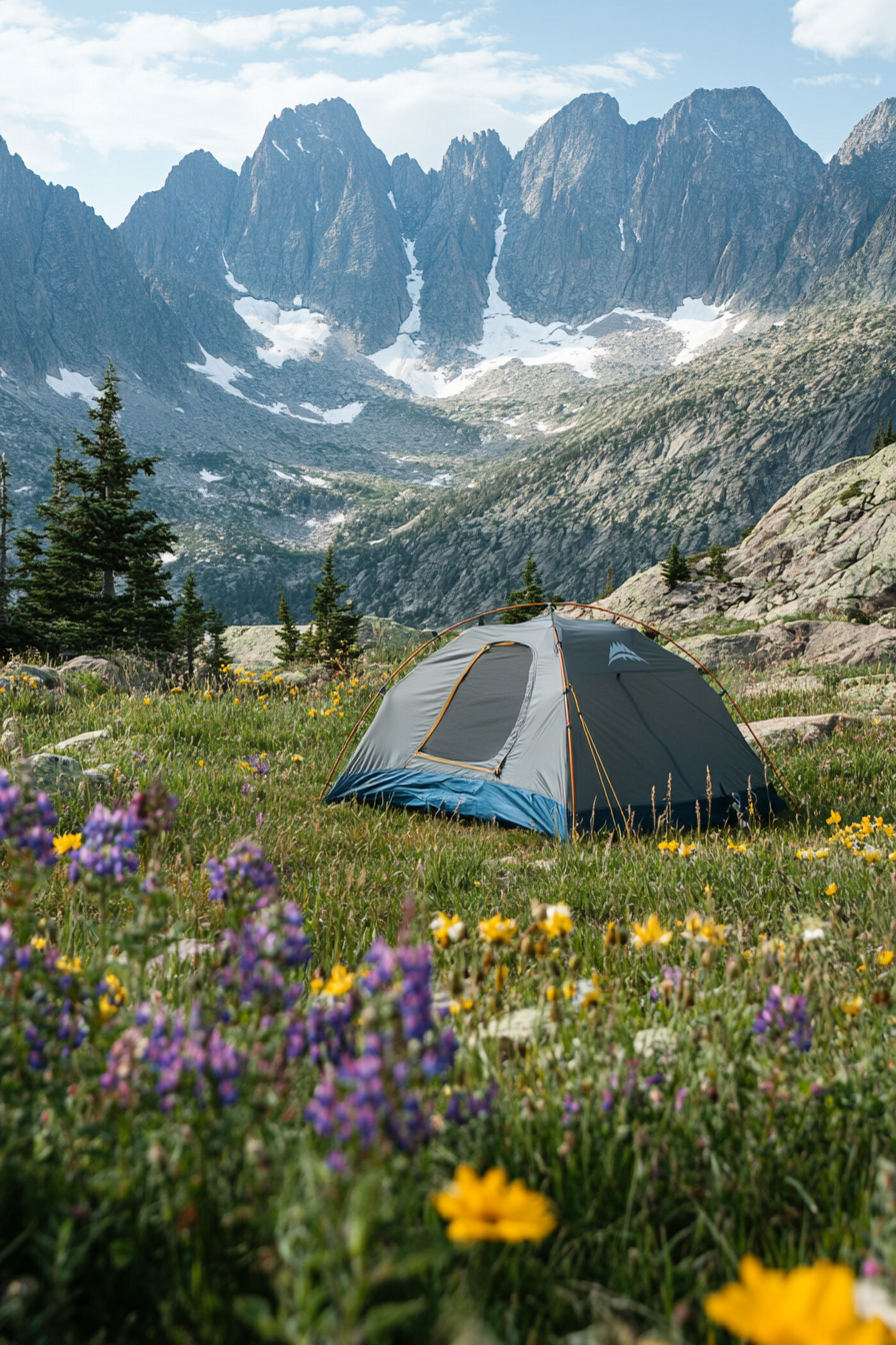Highland site. Wind-protected tent pad amidst wildflowers with panoramic mountain peaks view.