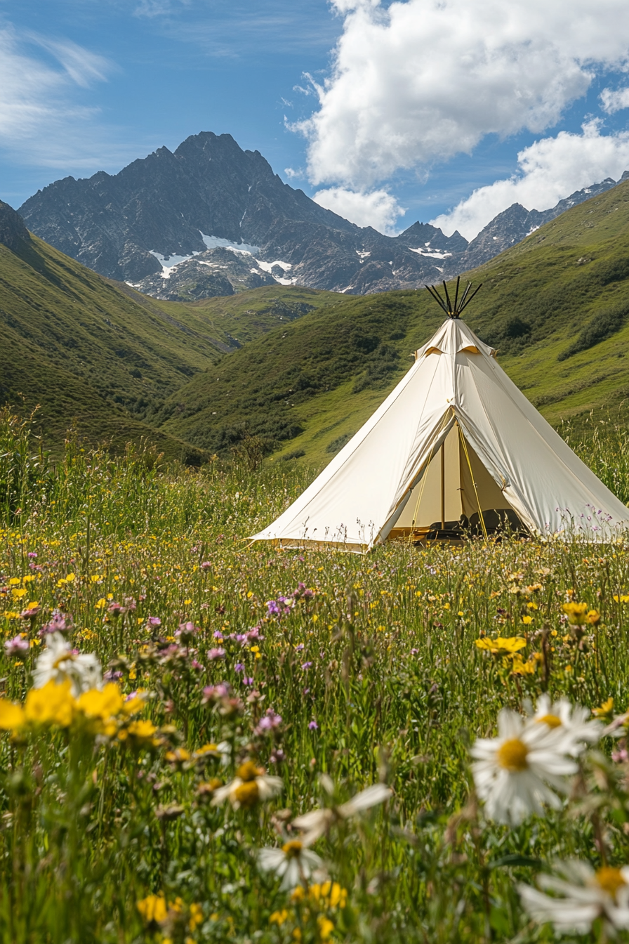 Highland Site. Wind-shielded tent surrounded by wildflowers with peak views.