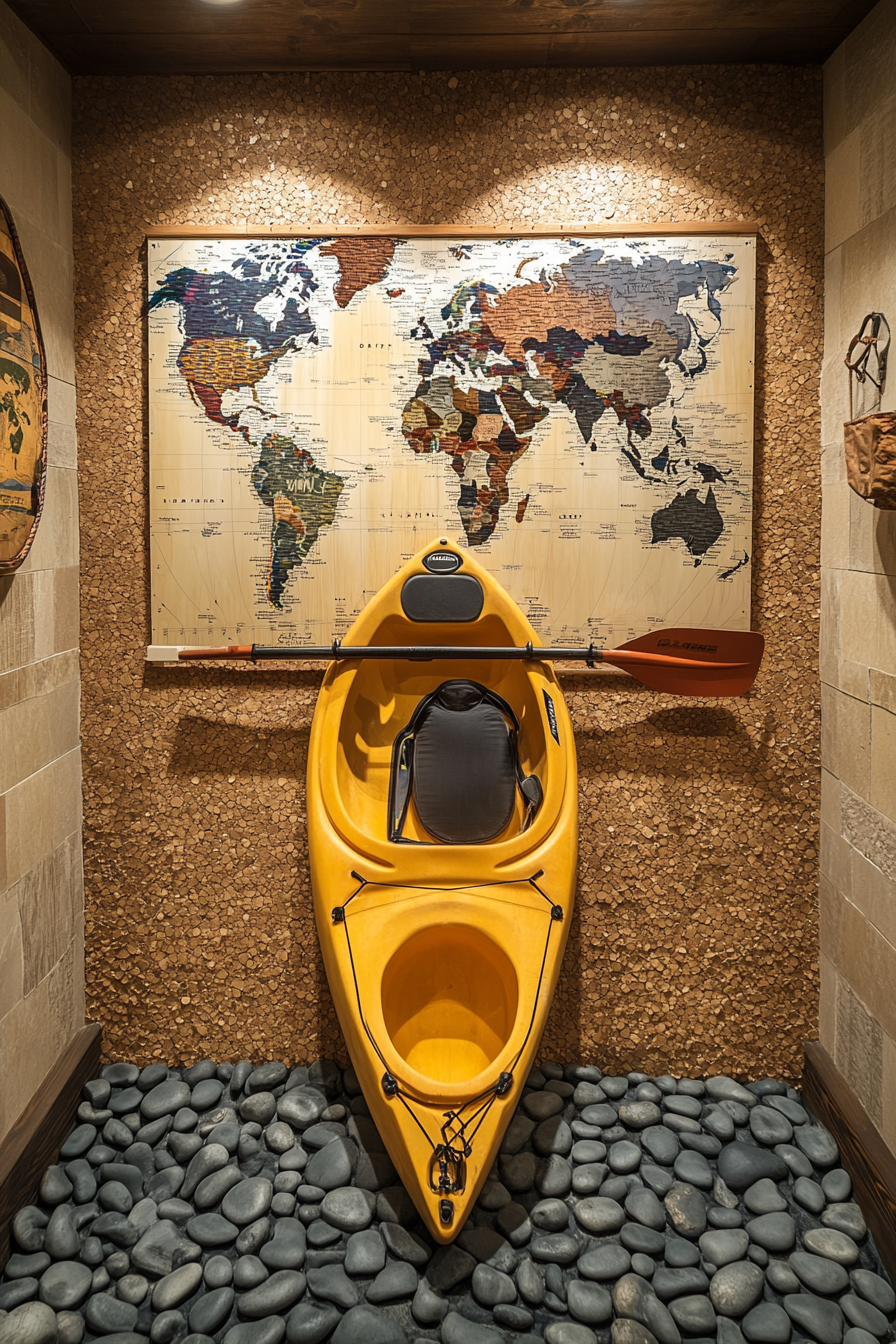 Water adventure space. Kayak rack on pebble-textured wall with cork-board world map.