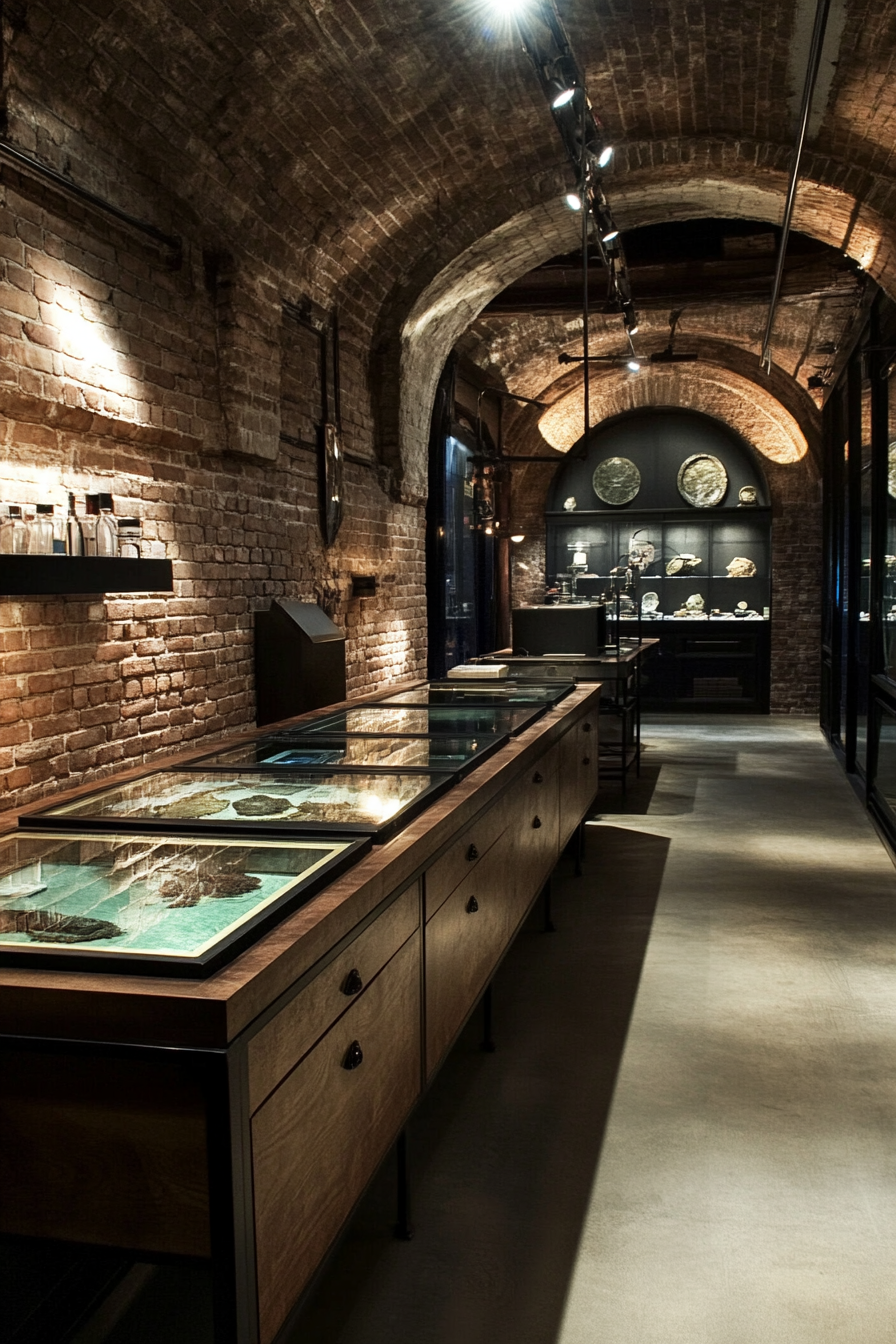 Research Mobile Space. Telescopic artifact drawers, exposed brick walls, LED lit laboratory tables.