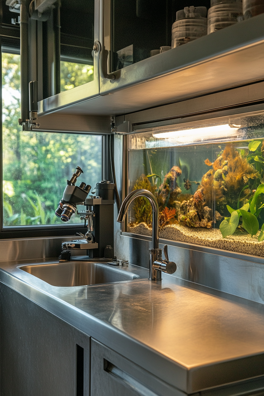 Coastal Research Space. Stainless steel sink, microscope, aquatic life observation tank.