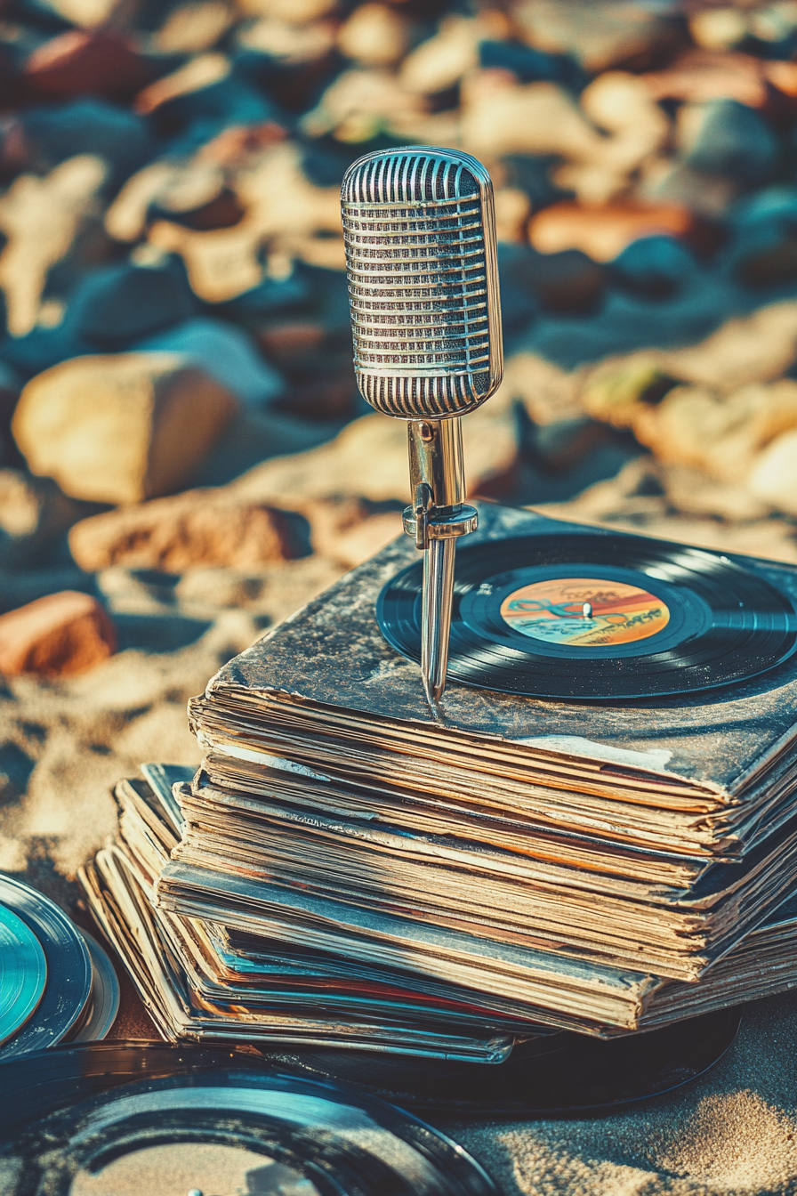 Mobile studio space. Vintage microphone next to a stack of vinyl records on sunlit sand.