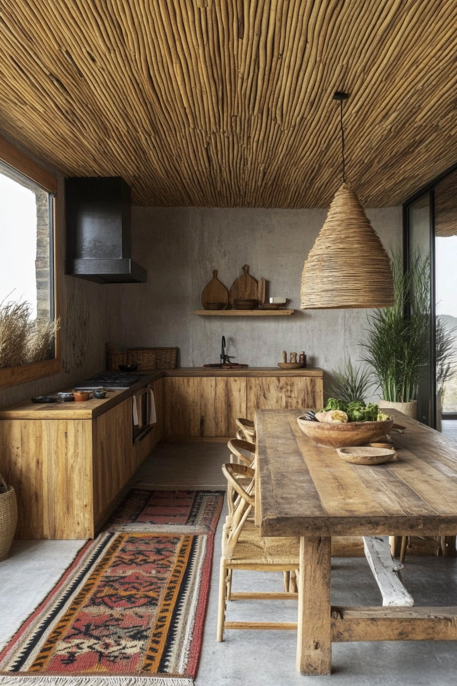 Social cooking space. Wooden detail story corner with locally woven rugs.