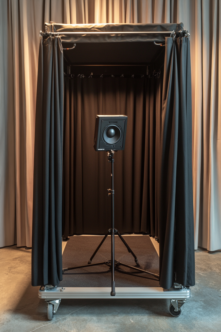 Mobile studio space. Soundproof curtains surrounding a portable vocal booth.