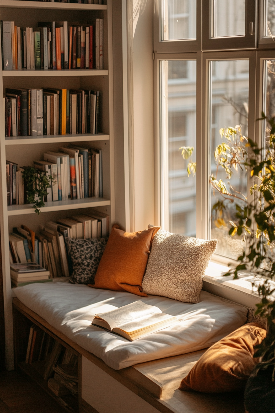 Wellness escape space. Sunlit reading nook with paper books and comfy cushions.