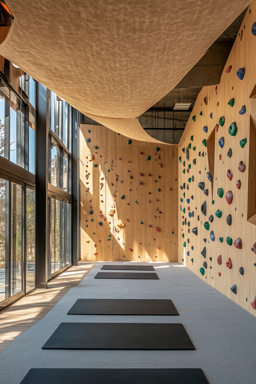 Community fitness space. Climbing wall near canopy draped yoga alcove.