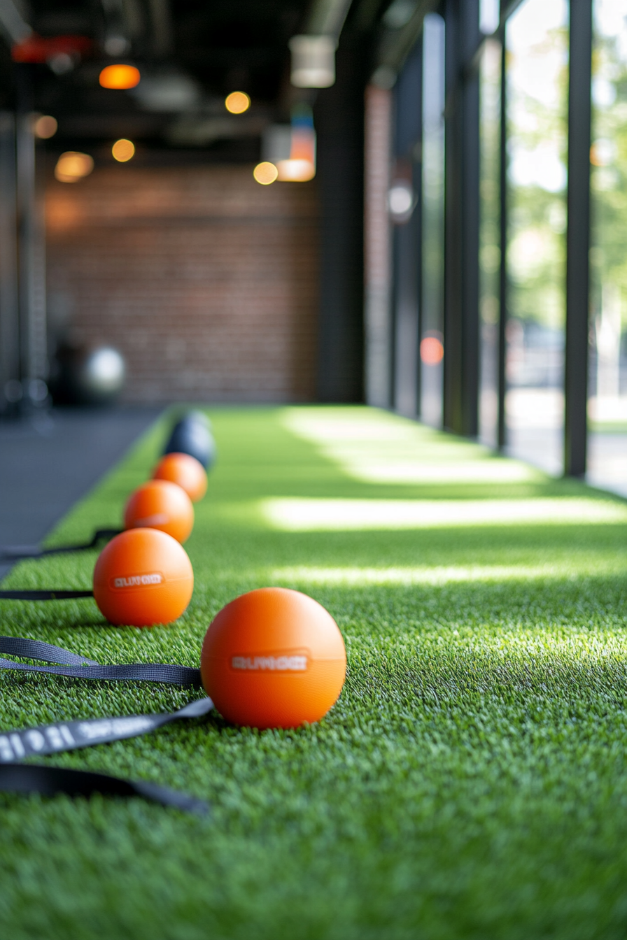 Fitness Community Space. Turf area with resistance bands and medicine balls.