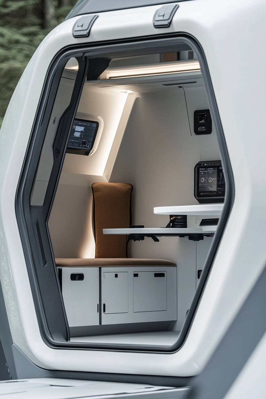 Alpine mobile space. A drone station with ivory interior and steel-grey equipment.