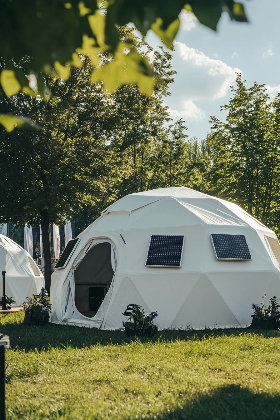 Event Support Space. White dome tent with solar cell charging ports.