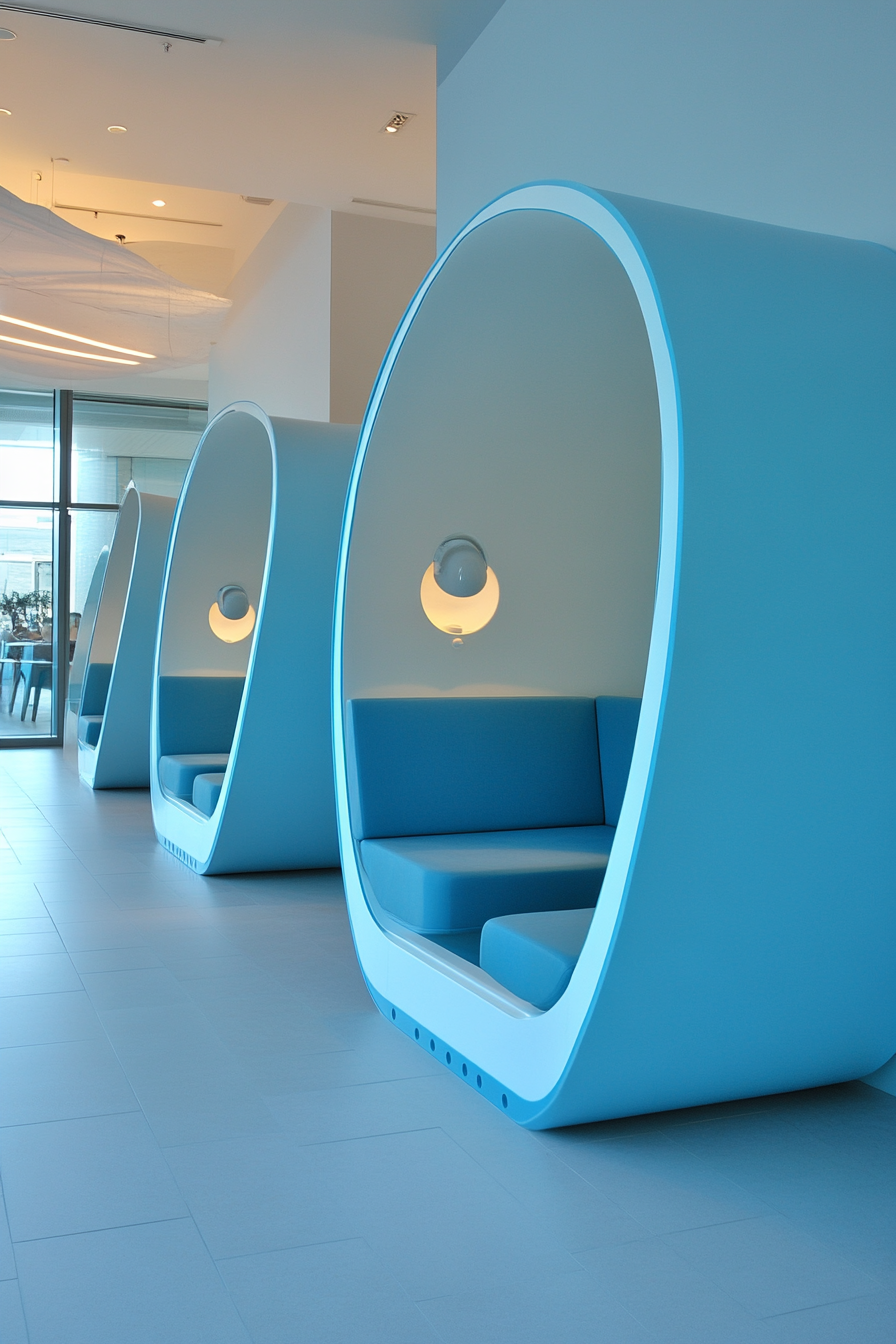 Community space. Curved studio pods with sky-blue interiors.