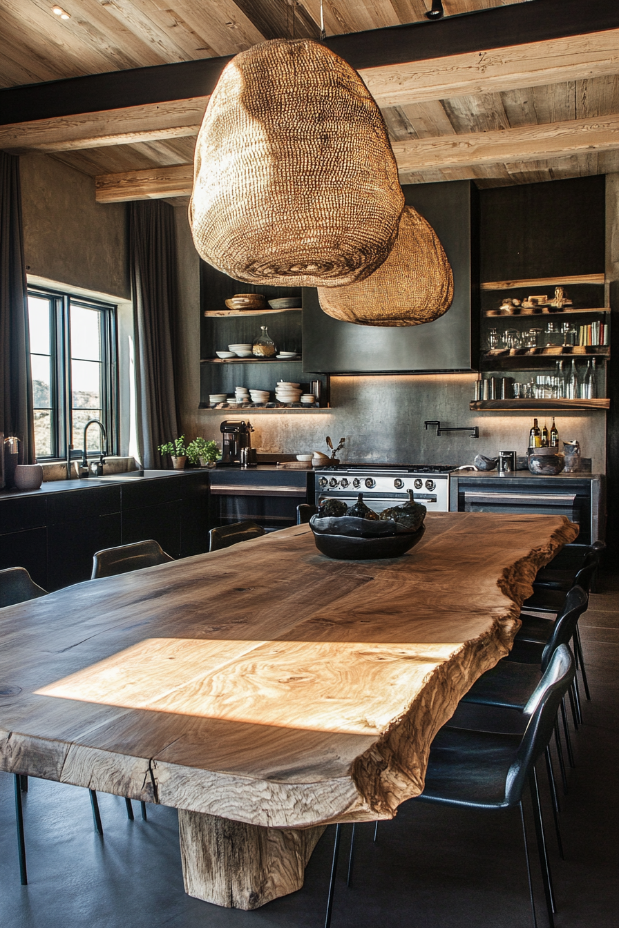 Community Living Space. Giant oak communal dining table near an open flap style kitchen.