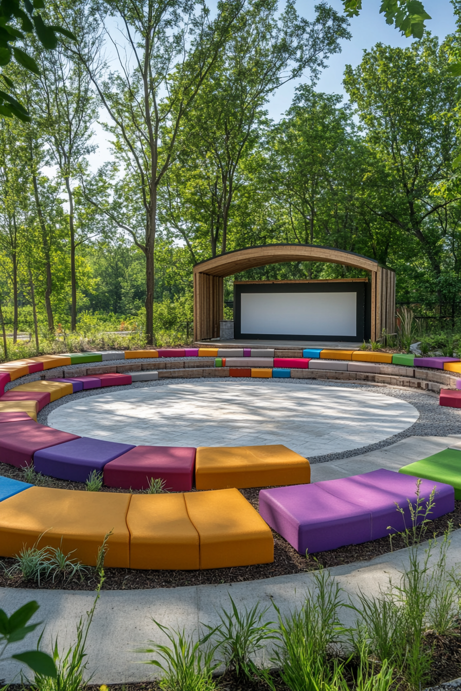 Community Learning Space. Open-air circular amphitheater with a whiteboard and colorful floor seating.