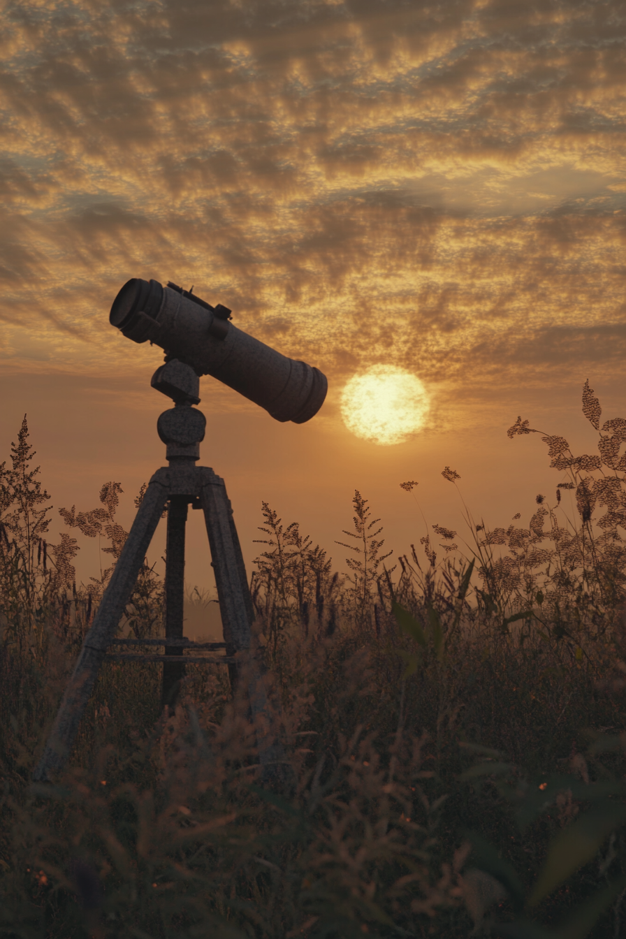 Nature Observation Space. Mounted telescopes on sunset reserve and post-production booth.