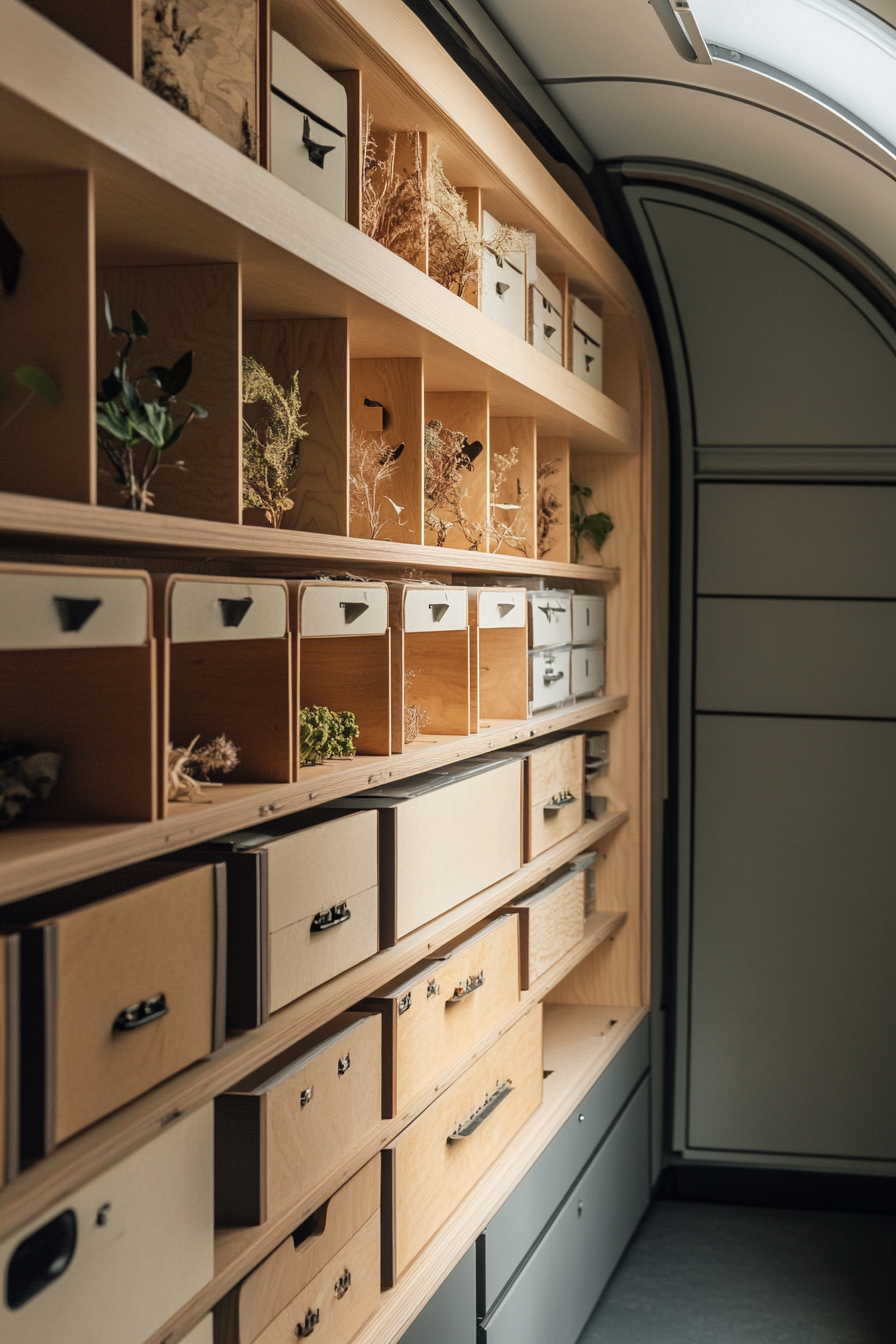 Mobile Research Space design. Compact, organized storage for plant specimens.