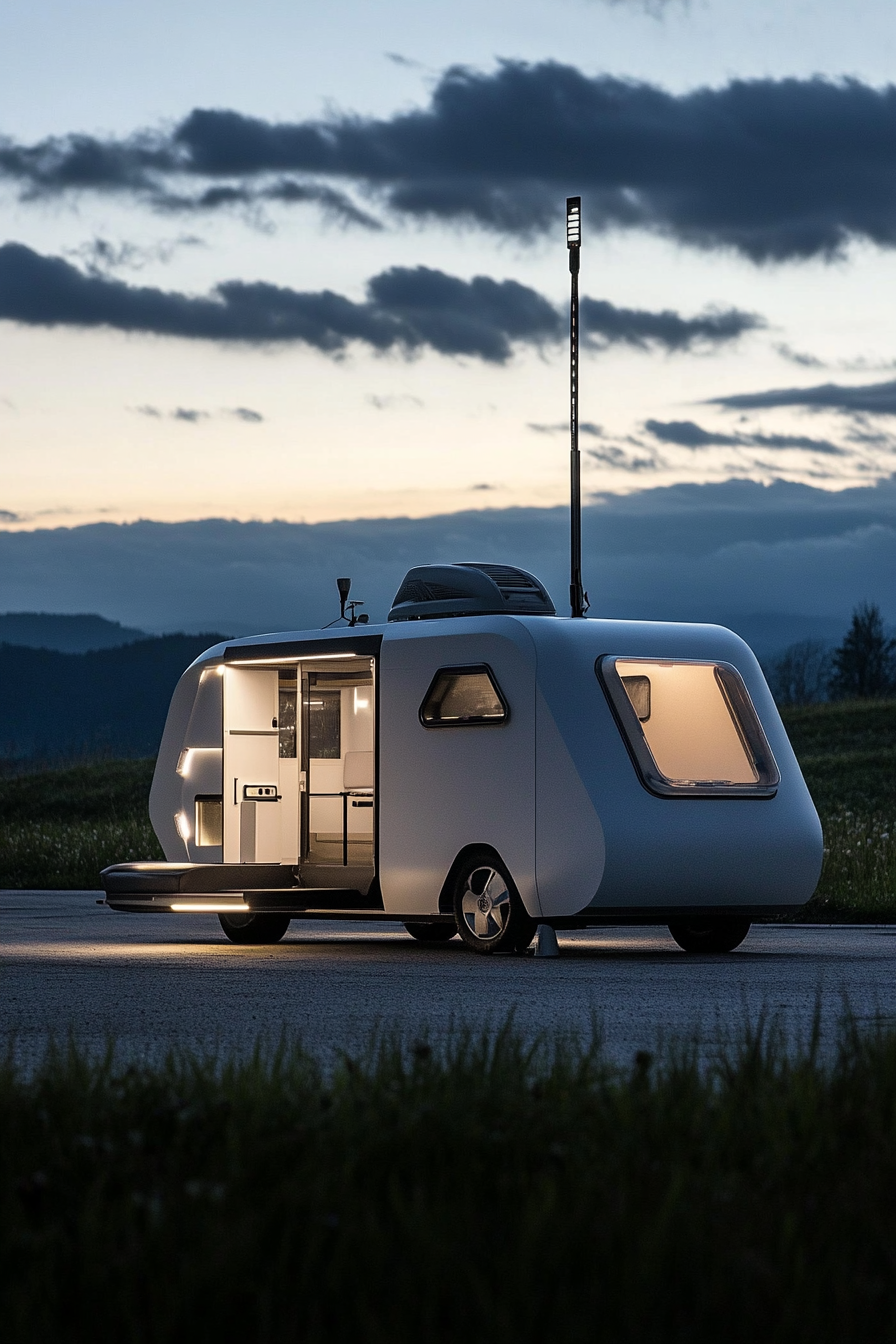 Alpine mobile space. Modern design motorhome with thunderstorm predicting weather station.