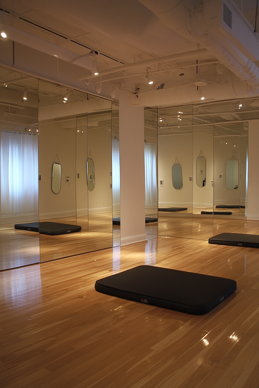 Movement practice space. Wall-to-wall mirrors, boombox, cushioned hardwood flooring.