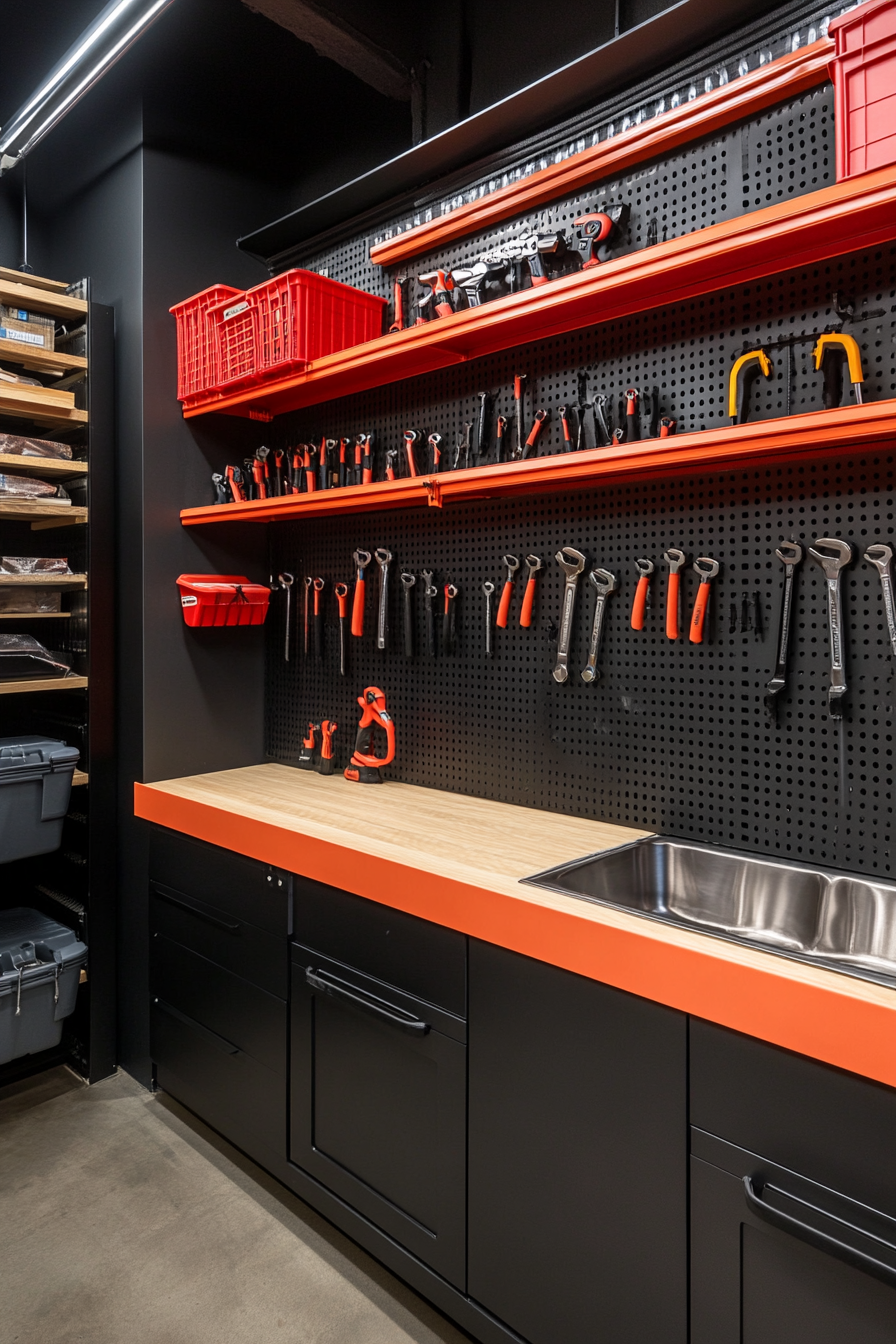 Technical Support Space. Organized wall with highlighted wrench series, shining wash station corner, barcode-tagged inventory shelves.