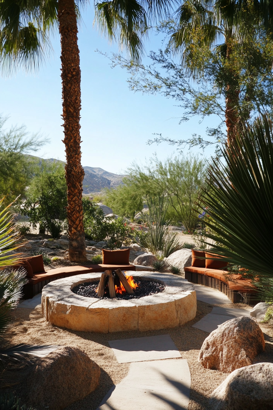 Palm Grove Space. Central fire pit, boulders seating, glimpses of desert spring and dunes.