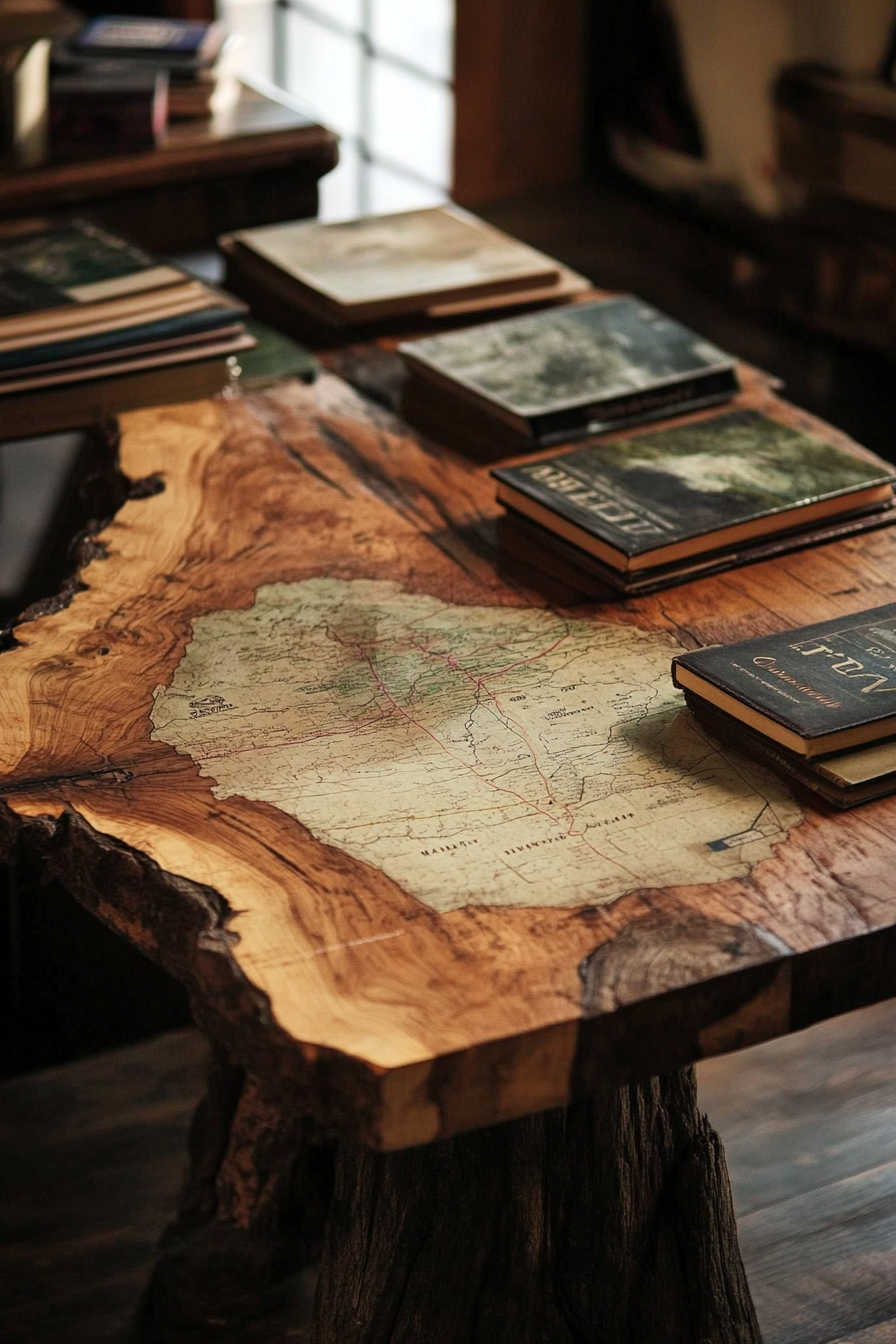 Mountain community space. Antique wooden map table surrounded by vintage trail guidebooks.