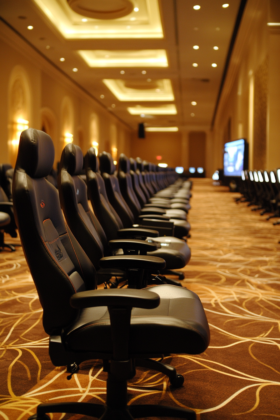 Social gaming space. Brightly lit tournament section with ergonomic gaming seats.